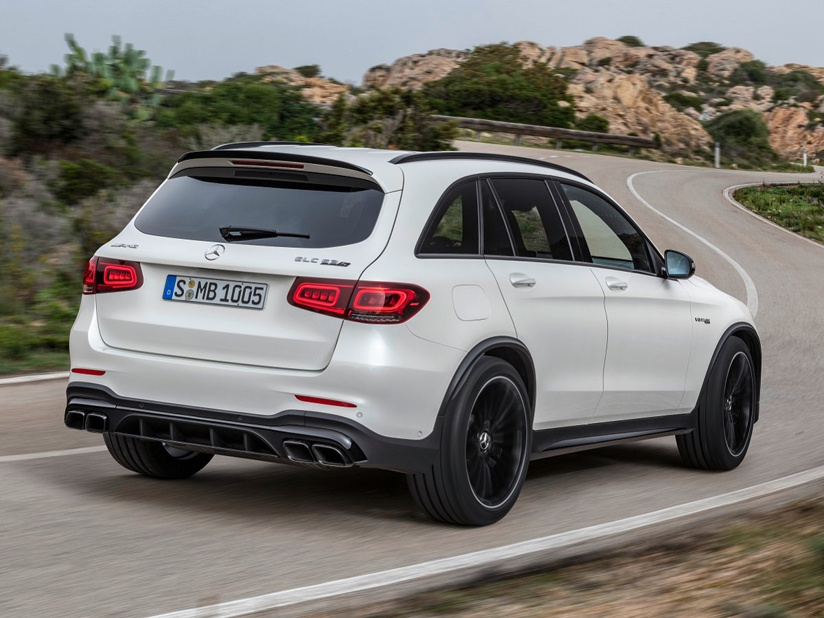 2022 BMW X3 vs. 2022 Mercedes-Benz GLC Comparison 5 2022 Mercedes-AMG GLC 63 S SUV White Rear Quarter View