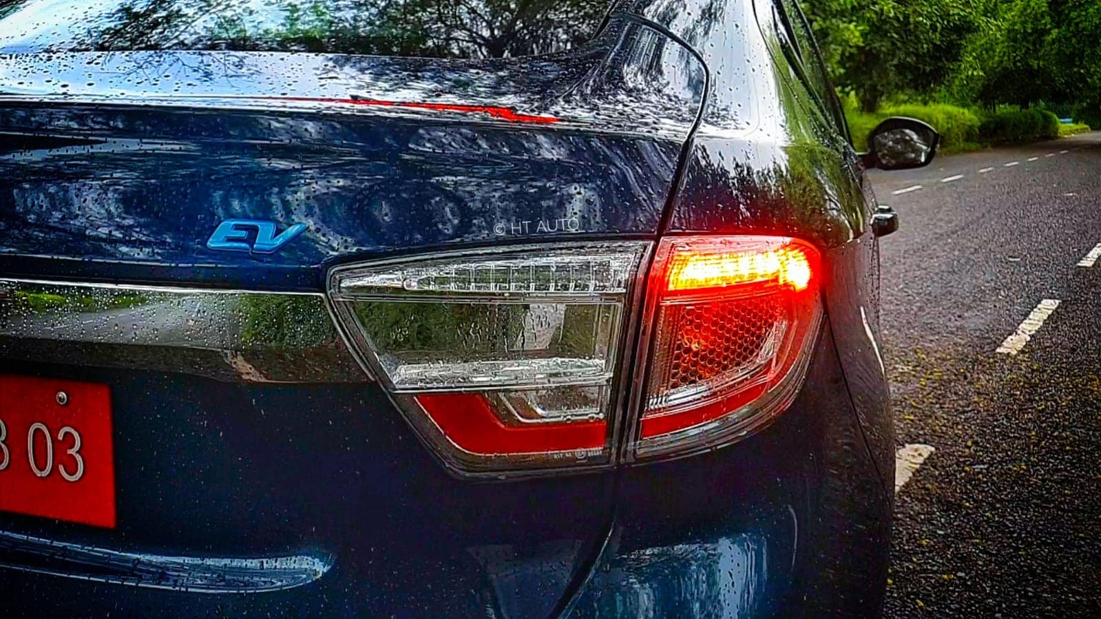 The EV badge on the front, sides and rear (also) help distinguish the Tigor EV from the regular Tigor. The EV badge on the front, sides and rear (also) help distinguish the Tigor EV from the regular Tigor.
